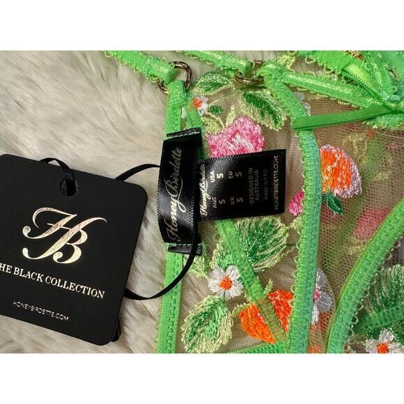 Honey Birdette LOTTIE🌸💚 Neon Green & Pink Floral Thong Small - Picture 4 of 4